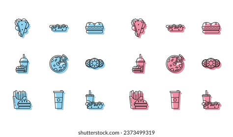 Set line Burger and french fries in carton package box, Paper glass water, Sandwich, with drinking straw hotdog, Pizza, Donut sweet glaze, burger and Hotdog sandwich mustard icon. Vector