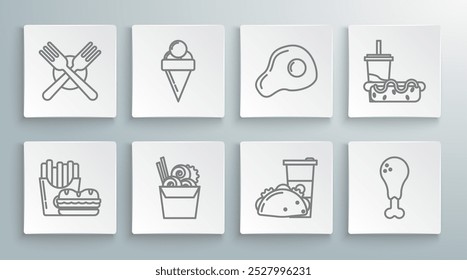 Set line Burger and french fries in carton package box, Asian noodles paper chopsticks, Paper glass taco with tortilla, Chicken leg, Scrambled eggs, drinking straw hotdog and Crossed fork icon. Vector