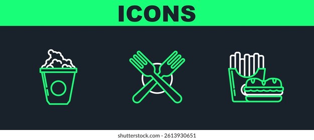 Set line Burger and french fries in carton package box, Popcorn cardboard and Crossed fork icon. Vector