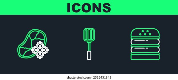Set line Burger, Fresh frozen steak meat and Spatula icon. Vector