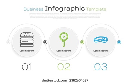 Set line Burger, Frying pan and Steak meat. Business infographic template. Vector