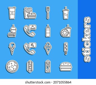 Set line Burger, Ice cream, Paper glass with drinking straw and donut, Fork, Food ordering, burger, water and Sauce bottle icon. Vector