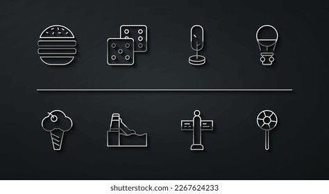 Set line Burger, Ice cream in waffle cone, Hot air balloon, Road traffic signpost, Water slide, Game dice, Lollipop and Tree icon. Vector