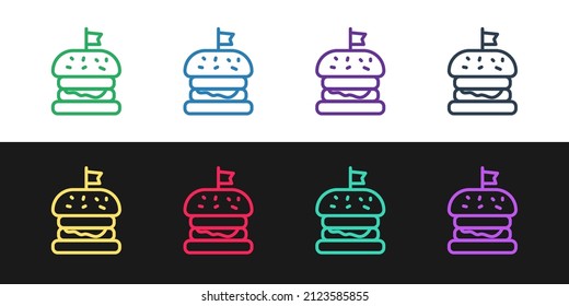 Set line Burger icon isolated on black and white background. Hamburger icon. Cheeseburger sandwich sign. Fast food menu.  Vector