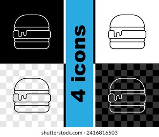 Set line Burger icon isolated on black and white, transparent background. Hamburger icon. Cheeseburger sandwich sign. Fast food menu.  Vector