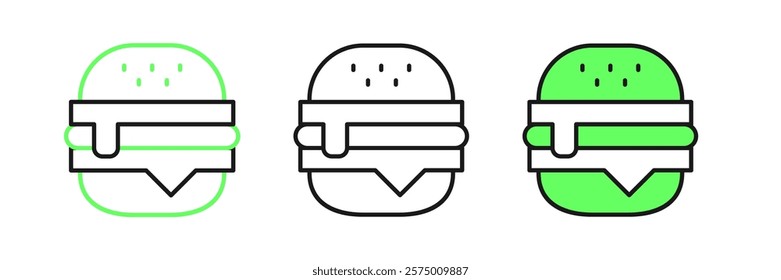 Set line Burger icon isolated on white background. Hamburger icon. Cheeseburger sandwich sign. Fast food menu.  Vector