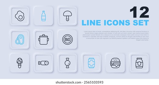 Set line Burger, Jam jar, Cooking pot, Soda can, Steak meat, Salami sausage, Bottle of wine and Chicken leg icon. Vector