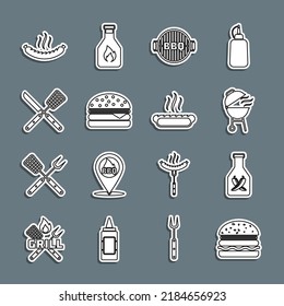 Set line Burger, Ketchup bottle, Barbecue grill, Crossed knife and spatula, Sausage and Hotdog sandwich icon. Vector