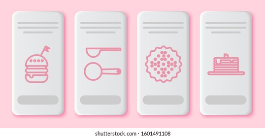 Set line Burger , Measuring spoon , Cracker biscuit  and Stack of pancakes . White rectangle button. Vector