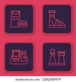 Set line Burger, Monitor with keyboard, Slippers socks and Chess. Blue square button. Vector