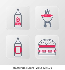 Set line Hamburguesa, botella de mostaza, barbacoa a la parrilla shish kebab y Ketchup icono. Vector