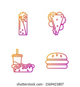Set line Burger, Paper glass with drinking straw and hotdog, Doner kebab and Sandwich. Gradient color icons. Vector