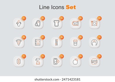 Set line Burger, Plum fruit, Food ordering on mobile, Tea bag, Hotdog, Fish steak, Coffee cup to go and chopsticks icon. Vector