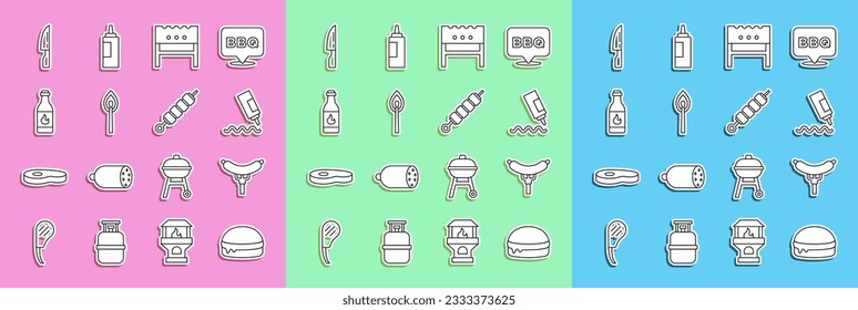 Set line Burger, Sausage on the fork, Sauce bottle, BBQ brazier, Burning match with fire, Tabasco sauce, Barbecue knife and Grilled shish kebab icon. Vector