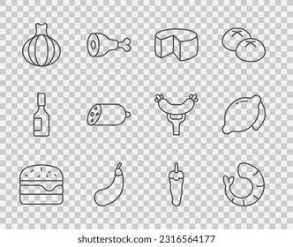 Set line Burger, Shrimp, Cheese, Eggplant, Onion, Salami sausage, Hot chili pepper and Lemon icon. Vector