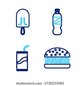 Set línea de hamburguesa, lata de refresco con paja, botella de agua y el icono de helado. Vector