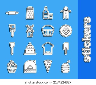 Set line Burger, Spatula, Cracker biscuit, Glass bottle with milk and glass, Windmill, Kitchen brush, Rolling pin and Muffin icon. Vector