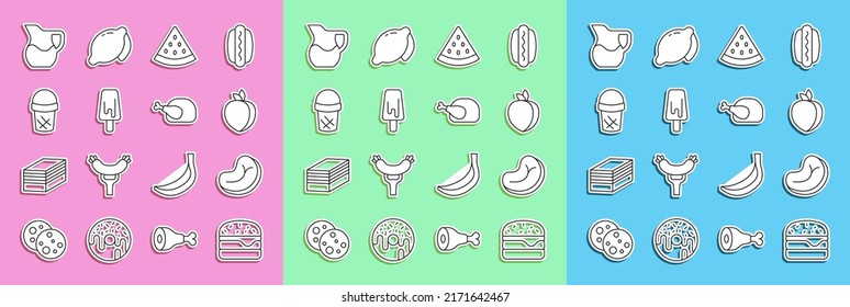 Set line Burger, Steak meat, Plum fruit, Watermelon, Ice cream, in waffle, Jug glass with milk and Roasted turkey or chicken icon. Vector