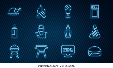 Set line Burger, Steak meat, Chicken leg, Kitchen apron, Sauce bottle, Roasted turkey or chicken,  and Campfire icon. Vector