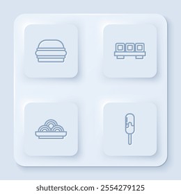 Set line Burger, Sushi on cutting board, Asian noodles bowl and Ice cream. White square button. Vector