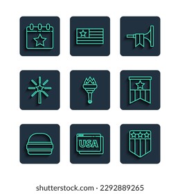 Set line Burger, USA on browser, Shield with stars, Trumpet, Torch flame, Firework, Calendar date July 4 and American flag icon. Vector