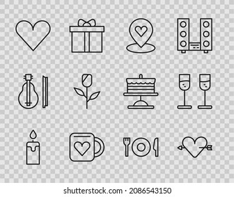 Fijar la línea Arder vela, Amour con flecha de corazón, Ubicación, taza de café, Corazón, rosa de flor, Plate, cuchillo de horquilla e icono de champán de vidrio. Vector