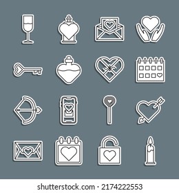 Set line Burning candle, Amour with heart arrow, Calendar, Envelope Valentine, Bottle love potion, Key shape, Wine glass and Candy shaped box icon. Vector