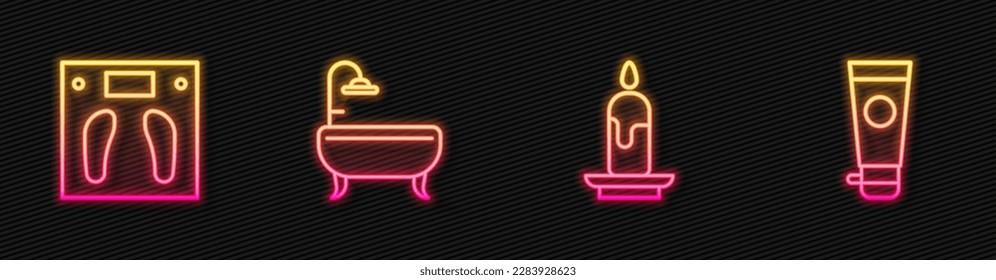 Set line Burning candle, Bathroom scales, Bathtub and Cream or lotion cosmetic tube. Glowing neon icon. Vector