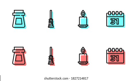 Set line Burning candle, Bottle with potion, Witches broom and Calendar Halloween icon. Vector