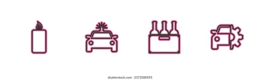 Set line Burning candle, Bottles of wine box, Police car flasher and Car service icon. Vector