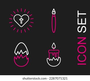 Set line Burning candle, Broken egg, Paint brush and Christian cross heart icon. Vector