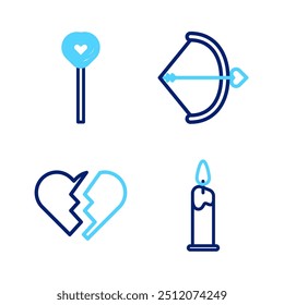 Set line Burning candle, Broken heart, Bow arrow and Lollipop icon. Vector