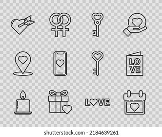 Set line Burning candle, Calendar with heart, Key shape, Gift box, Amour arrow, Mobile phone, Love text and Valentines day party flyer icon. Vector