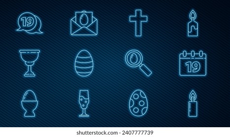 Set line Burning candle, Calendar with Happy Easter, Christian cross, egg, chalice, Speech bubble happy easter, Search and Greeting card icon. Vector