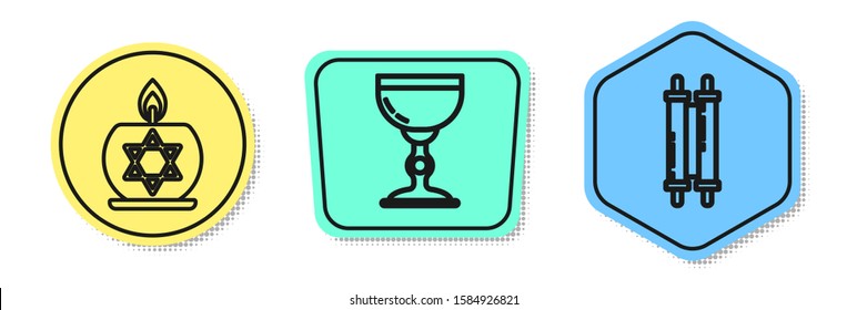 Set line Burning candle in candlestick with star of david, Jewish goblet and Torah scroll. Colored shapes. Vector