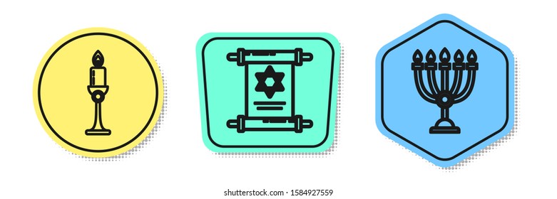 Set line Burning candle in candlestick, Torah scroll and Hanukkah menorah. Colored shapes. Vector
