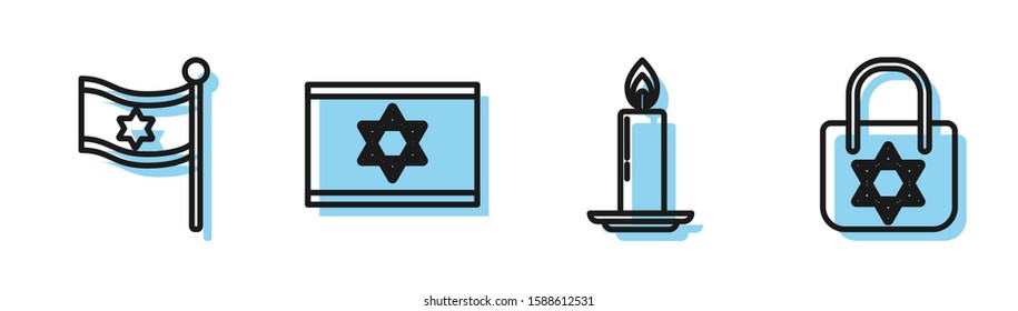 Set line Burning candle in candlestick, Flag of Israel, Flag of Israel and Shopping bag with star of david icon. Vector