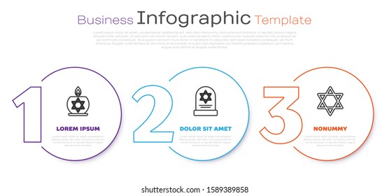 Set line Burning candle in candlestick with star of david, Tombstone with star of david and Star of David. Business infographic template. Vector