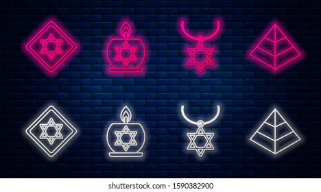Set line Burning candle in candlestick with star of david, Star of David necklace on chain, Star of David and Egypt pyramids. Glowing neon icon on brick wall. Vector