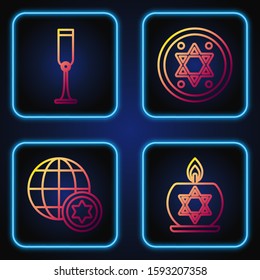 Set line Burning candle in candlestick with star of david, World Globe and Israel, Jewish goblet and Jewish coin. Gradient color icons. Vector