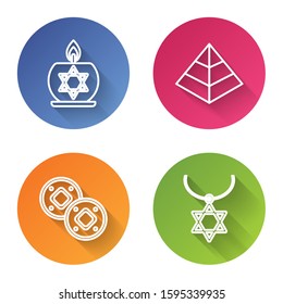 Set line Burning candle in candlestick with star of david, Egypt pyramids, Jewish coin and Star of David necklace on chain. Color circle button. Vector