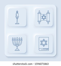 Set line Burning candle in candlestick, Torah scroll, Hanukkah menorah and Jewish torah book. White square button. Vector