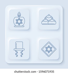 Set line Burning candle in candlestick with star of david, Jewish sweet bakery, Orthodox jewish hat with sidelocks and Star of David. White square button. Vector