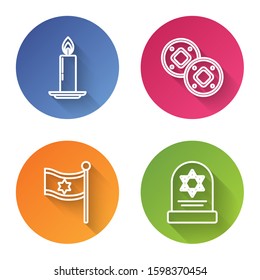 Set line Burning candle in candlestick, Jewish coin, Flag of Israel and Tombstone with star of david. Color circle button. Vector