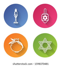 Set line Burning candle in candlestick, Hanukkah dreidel, Pomegranate and Star of David. Color circle button. Vector
