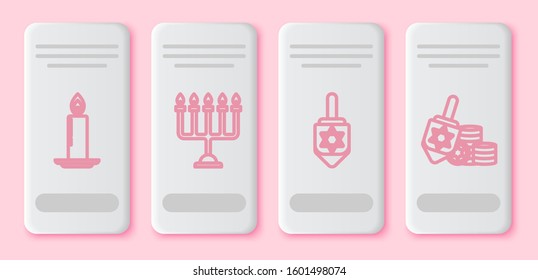 Set line Burning candle in candlestick, Hanukkah menorah, Hanukkah dreidel and Hanukkah dreidel and coin. White rectangle button. Vector