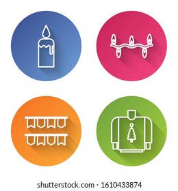 Set line Burning candle in candlestick, Christmas lights, Carnival garland with flags and Christmas sweater. Color circle button. Vector