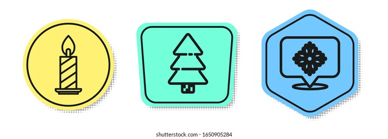 Set line Burning candle in candlestick, Christmas tree and Snowflake with speech bubble. Colored shapes. Vector