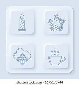 Set line Burning candle in candlestick, Snowflake, Cloud with snow and Coffee cup. White square button. Vector