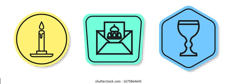 Set line Burning candle in candlestick, Greeting card with Happy Easter and Wine glass. Colored shapes. Vector